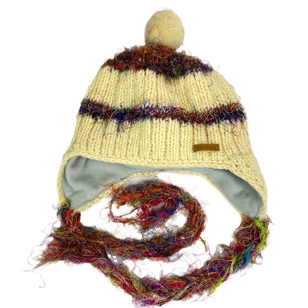 Niryanna Wool Silk Winter Ski Hat Cream Cable Knit Fleece Lined Youth